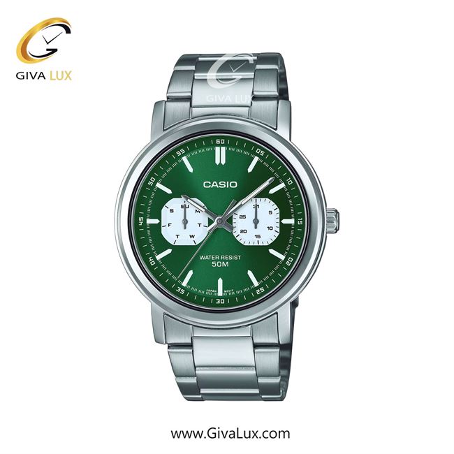 ساعت مچی اورجینال مردانه کاسیو Casio سه موتوره فول تایم نقره ای | نقره ای| سبز| کد رفرنس MTP-E335D-3EVDF