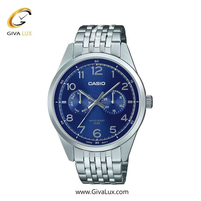 ساعت مچی اورجینال مردانه کاسیو Casio سه موتوره فول تایم نقره ای | نقره ای| آبی| کد رفرنس MTP-E340D-2AVDF
