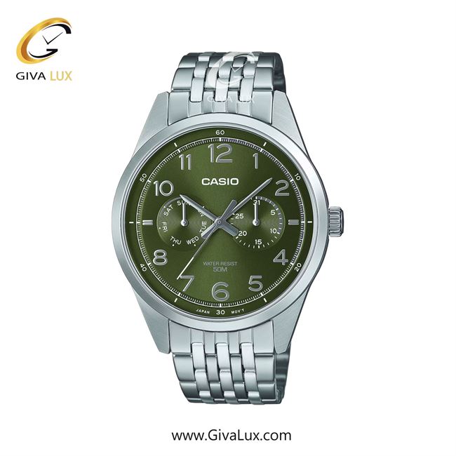 ساعت مچی اورجینال مردانه کاسیو Casio سه موتوره فول تایم نقره ای | نقره ای| سبز| کد رفرنس MTP-E340D-3AVDF