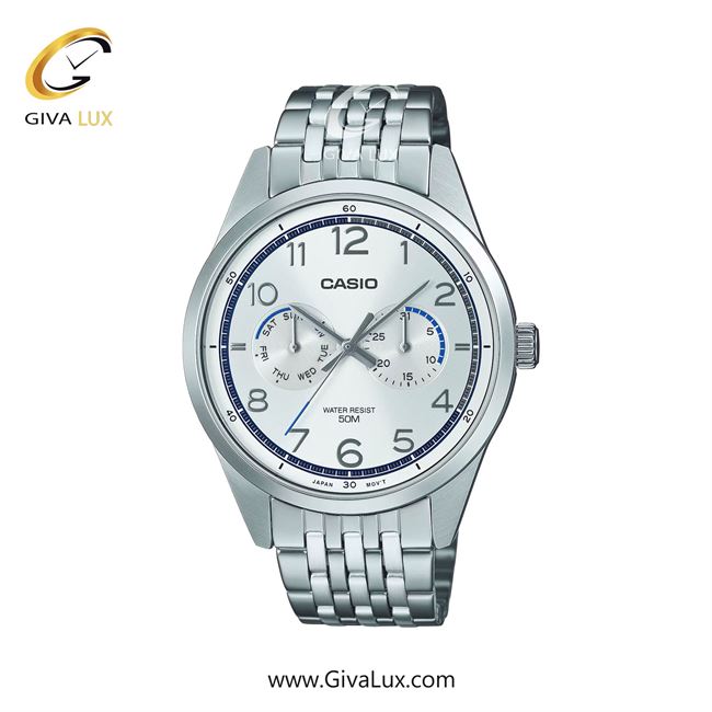 ساعت مچی اورجینال مردانه کاسیو Casio سه موتوره فول تایم نقره ای | نقره ای| سفید| کد رفرنس MTP-E340D-7AV