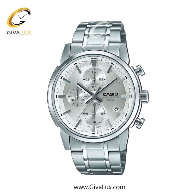 ساعت مچی اورجینال مردانه کاسیو Casio سه موتوره کرنوگراف نقره ای | نقره ای| نقره ای| کد رفرنس MTP-E510D-7AVDF