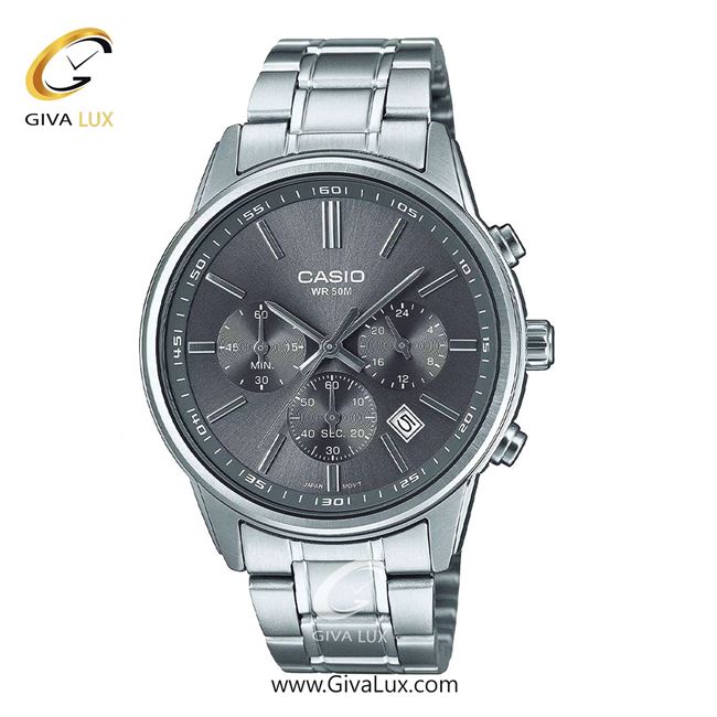 ساعت مچی اورجینال مردانه کاسیو Casio سه موتوره کرنوگراف نقره ای | نقره ای| طوسی| کد رفرنس MTP-E515D-8AVDF