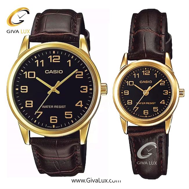 ساعت مچی اورجینال ست کاسیو Casio طلایی | قهوه ای| مشکی| کد رفرنس مردانه: MTP-V001GL-1BUDF، زنانه: LTP-V001GL-1BUDF