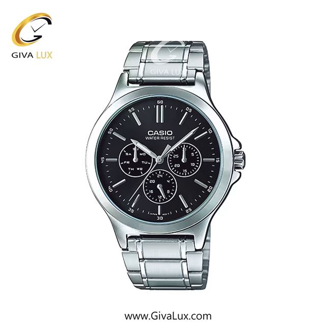 ساعت مچی اورجینال مردانه کاسیو Casio سه موتوره کرنوگراف نقره ای | نقره ای| مشکی| کد رفرنس MTP-V300D-1A