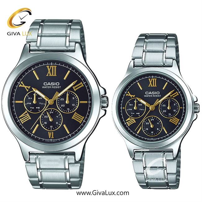 ساعت مچی اورجینال ست کاسیو Casio سه موتوره فول تایم نقره ای | نقره ای| مشکی| کد رفرنس زنانه: LTP-V300D-1A2UDF، مردانه: MTP-V300D-1A2UDF