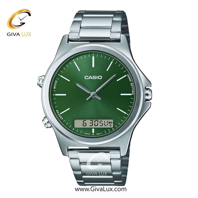 ساعت مچی اورجینال مردانه کاسیو Casio دو زمانه نقره ای | نقره ای| سبز| کد رفرنس MTP-VC01D-3E