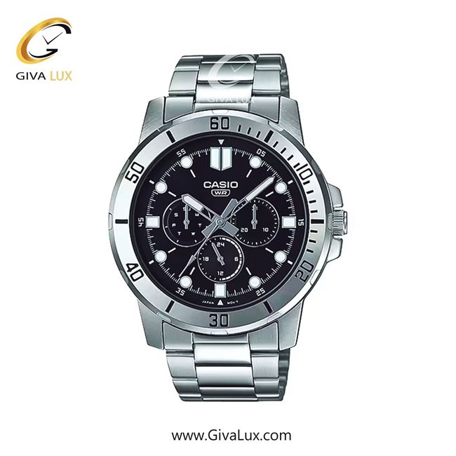 ساعت مچی اورجینال مردانه کاسیو Casio سه موتوره کرنوگراف نقره ای | نقره ای| مشکی| کد رفرنس MTP-VD300D-1EUDF