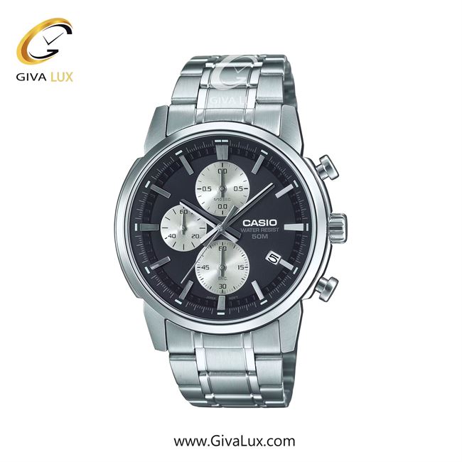 ساعت مچی اورجینال مردانه کاسیو Casio سه موتوره کرنوگراف نقره ای | نقره ای| مشکی| کد رفرنس MTP-E510D-1A2VDF