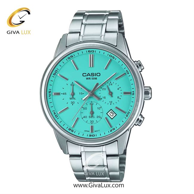 ساعت مچی اورجینال مردانه کاسیو Casio سه موتوره کرنوگراف نقره ای | نقره ای| آبی| کد رفرنس MTP-E515D-2A2VDF