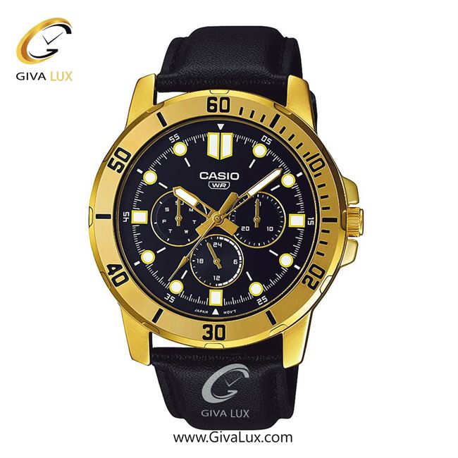 ساعت مچی اورجینال مردانه کاسیو Casio سه موتوره فول تایم طلایی | مشکی| مشکی| کد رفرنس MTP-VD300GL-1EUDF