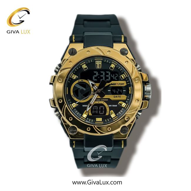 ساعت مچی اورجینال اسپرت-مردانه مکس فورت (MAXFORT) دو زمانه طلایی | مشکی| مشکی| کد رفرنس MX8029-1-0