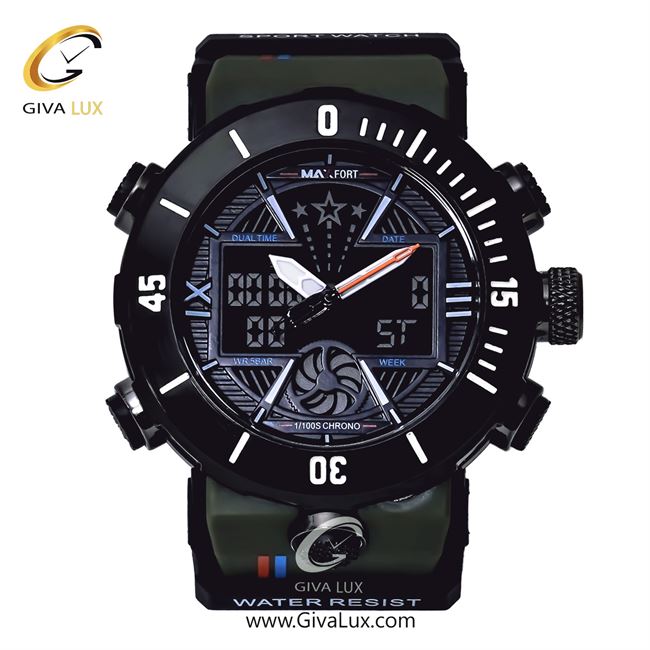 ساعت مچی اورجینال مردانه مکس فورت (MAXFORT) دو زمانه مشکی | سبز| مشکی| کد رفرنس MX-8051-00