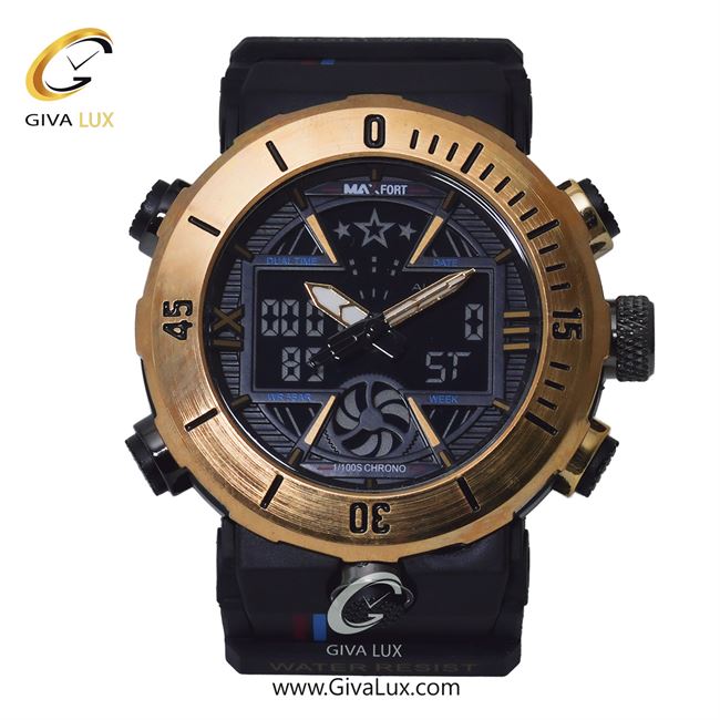 ساعت مچی اورجینال مردانه مکس فورت (MAXFORT) دو زمانه طلایی | مشکی| مشکی| کد رفرنس MX-8051-20