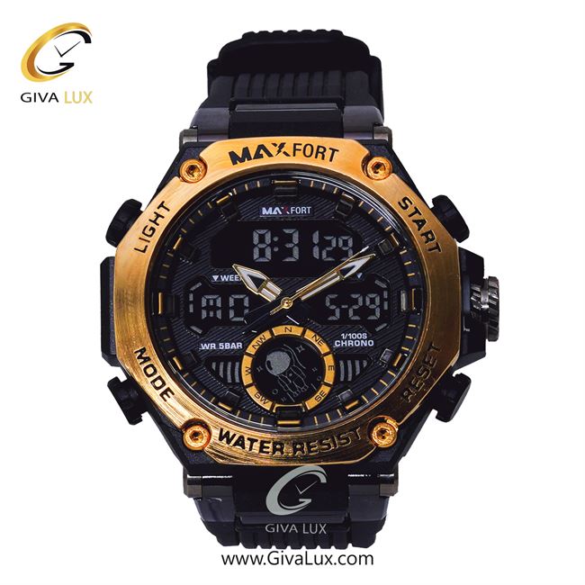 ساعت مچی اورجینال مردانه مکس فورت (MAXFORT) دو زمانه طلایی | مشکی| مشکی| کد رفرنس MX-8069-10