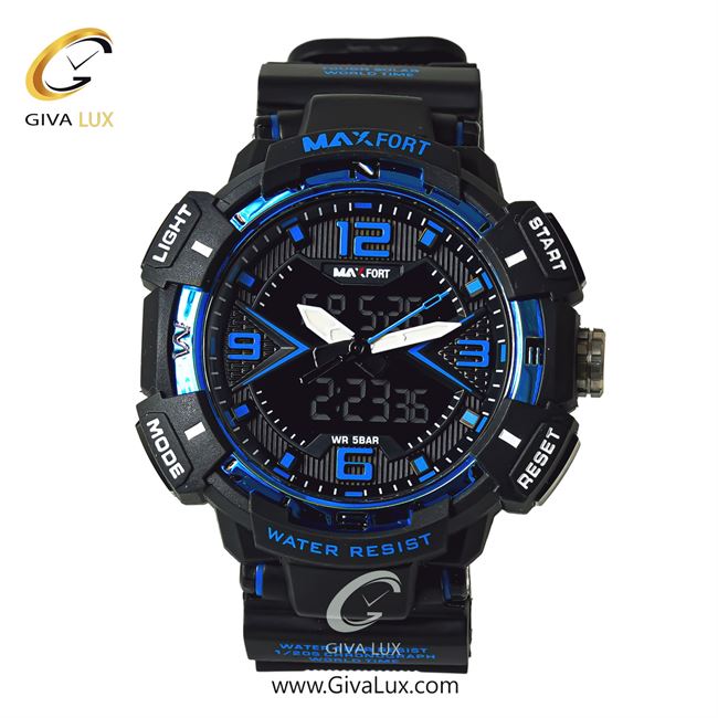 ساعت مچی اورجینال مردانه مکس فورت (MAXFORT) دو زمانه مشکی-آبی | مشکی| مشکی| کد رفرنس MX-8076-20