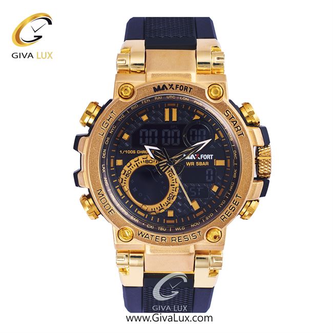 ساعت مچی اورجینال مکس فورت (MAXFORT) اسپرت دو زمانه طلایی/ مشکی/ مشکی -  MX-8093/BG
