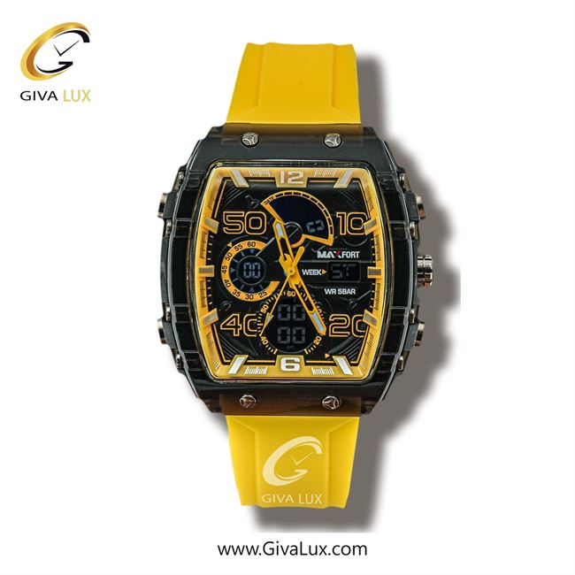 ساعت مچی اورجینال مردانه مکس فورت (MAXFORT) دو زمانه مشکی | زرد| مشکی| کد رفرنس MX8109-0-0
