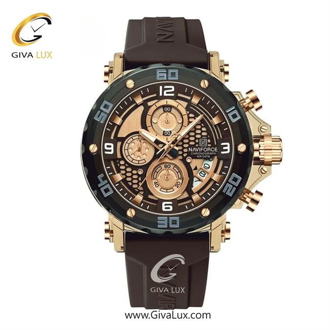ساعت مچی اورجینال مردانه ناوی فورس|Naviforce|نوی فورس|نیوی فورس سه موتوره کرنوگراف رزگلد-قهوه ای | قهوه ای| رزگلد-قهوه ای| کد رفرنس NF7123 S/W/GN