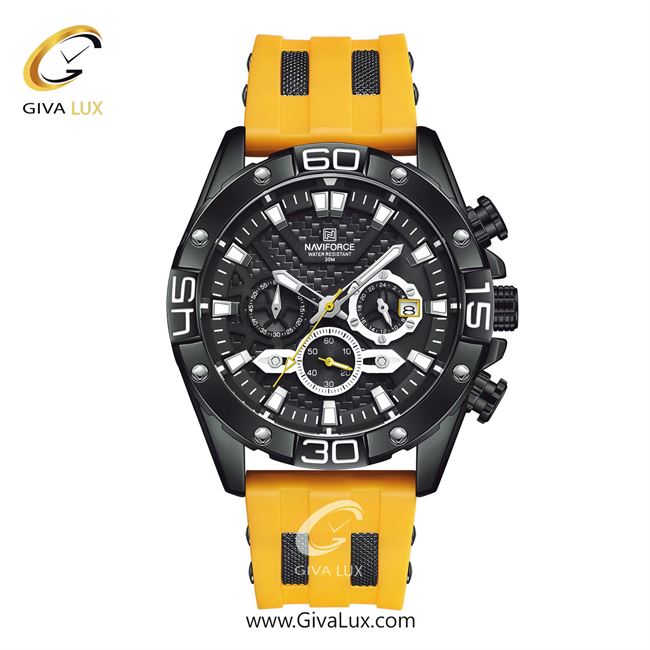 ساعت مچی اورجینال مردانه ناوی فورس|Naviforce|نوی فورس|نیوی فورس سه موتوره کرنوگراف مشکی | زرد| مشکی| کد رفرنس NF8019-B/B/Y