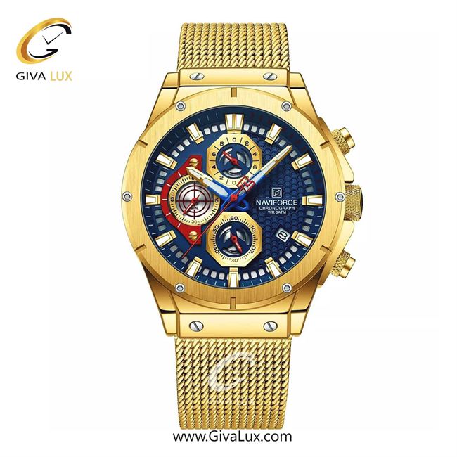 ساعت مچی اورجینال ناوی فورس مردانه سه موتوره کرنوگراف طلایی | طلایی | آبی | کد رفرنس NF8027-G/BE