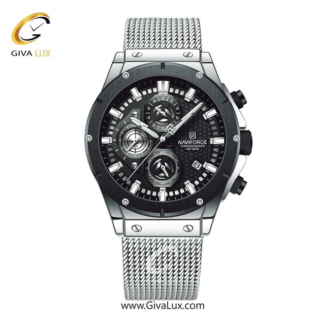 ساعت مچی اورجینال ناوی فورس مردانه سه موتوره کرنوگراف نقره ای | نقره ای | مشکی | کد رفرنس NF8027-S/B