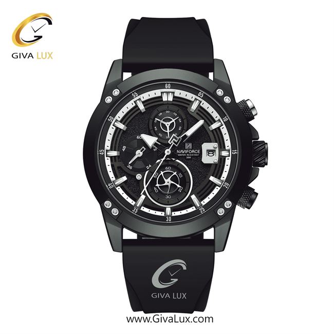 ساعت مچی اورجینال ناوی فورس مردانه سه موتوره کرنوگراف مشکی | مشکی | سفید-مشکی | کد رفرنس NF8033-B/W/B