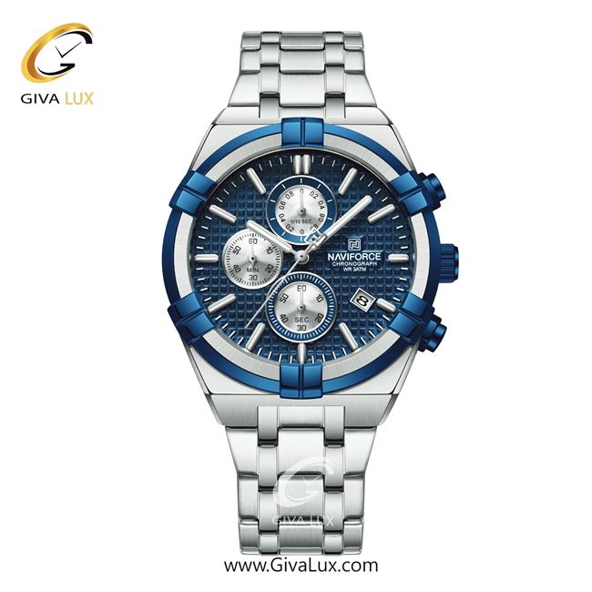 ساعت مچی اورجینال ناوی فورس مردانه سه موتوره کرنوگراف نقره ای-آبی | نقره ای | آبی | کد رفرنس NF8042-S/BE/S