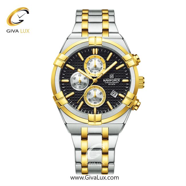 ساعت مچی اورجینال ناوی فورس مردانه سه موتوره کرنوگراف نقره ای-طلایی | طلایی-نقره ای | مشکی | کد رفرنس NF8042-S/B/G