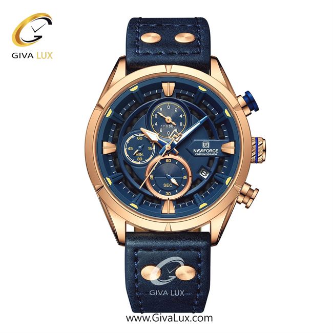 ساعت مچی اورجینال ناوی فورس مردانه سه موتوره کرنوگراف رزگلد | آبی | آبی | کد رفرنس NF8045-RG/BE/BE