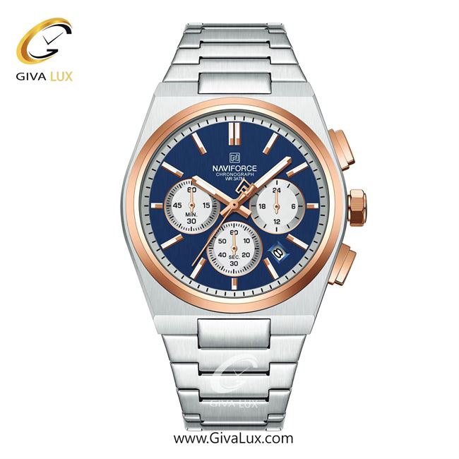 ساعت مچی اورجینال ناوی فورس مردانه سه موتوره کرنوگراف رزگلد-نقره ای | نقره ای | آبی | کد رفرنس NF8048-S/BE/RG