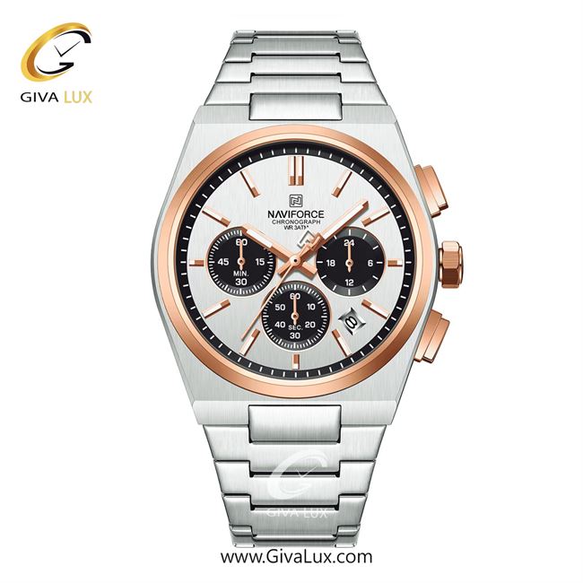 ساعت مچی اورجینال ناوی فورس مردانه سه موتوره کرنوگراف نقره ای-رزگلد | نقره ای | سفید | کد رفرنس NF8048-S/W/RG