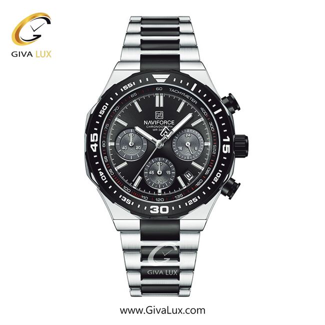 ساعت مچی اورجینال مردانه ناوی فورس|Naviforce|نوی فورس|نیوی فورس سه موتوره کرنوگراف نقره ای | نقره ای-مشکی| مشکی| کد رفرنس NF8049 S/B/B