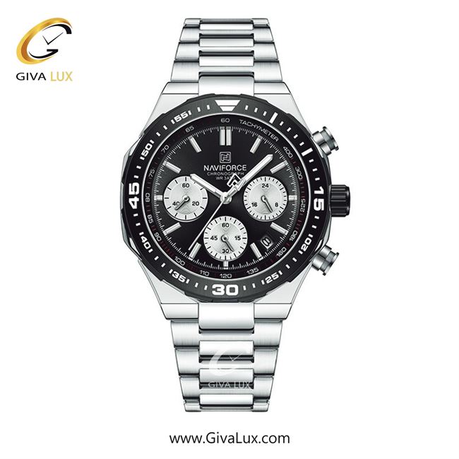 ساعت مچی اورجینال مردانه ناوی فورس|Naviforce|نوی فورس|نیوی فورس سه موتوره کرنوگراف نقره ای | نقره ای| مشکی| کد رفرنس NF8049 S/B/S