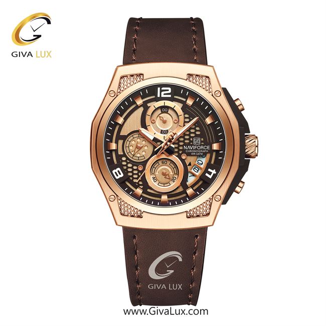 ساعت مچی اورجینال مردانه ناوی فورس|Naviforce|نوی فورس|نیوی فورس سه موتوره کرنوگراف رزگلد | قهوه ای| رزگلد-قهوه ای| کد رفرنس NF8051-RG/CE/BN