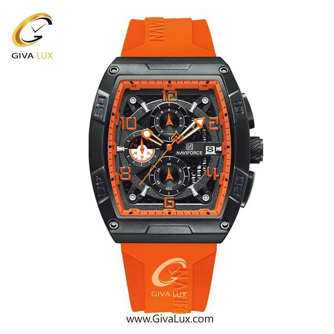 ساعت مچی اورجینال مردانه ناوی فورس|Naviforce|نوی فورس|نیوی فورس سه موتوره کرنوگراف مشکی | نارنجی| مشکی-نارنجی| کد رفرنس NF8052-B/O/O