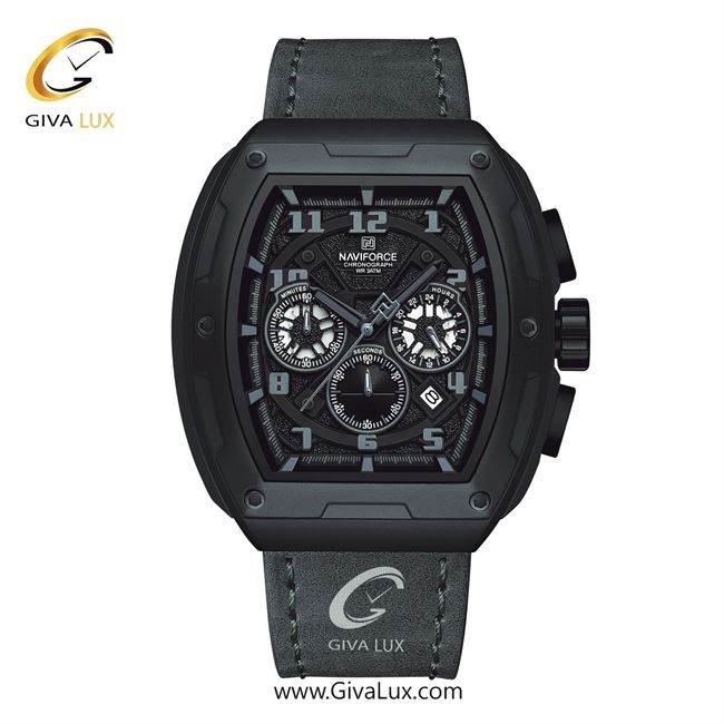 ساعت مچی اورجینال مردانه ناوی فورس|Naviforce|نوی فورس|نیوی فورس سه موتوره کرنوگراف مشکی | طوسی| مشکی| کد رفرنس NF8053 B/GY/GY