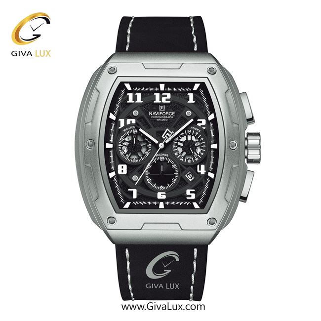 ساعت مچی اورجینال مردانه ناوی فورس|Naviforce|نوی فورس|نیوی فورس سه موتوره کرنوگراف نقره ای | مشکی| مشکی| کد رفرنس NF8053 S/W/B