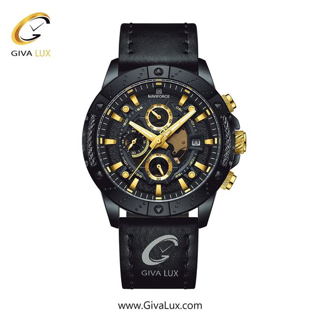 ساعت مچی اورجینال مردانه ناوی فورس|Naviforce|نوی فورس|نیوی فورس سه موتوره کرنوگراف مشکی | مشکی| طلایی-مشکی| کد رفرنس NF8055 B/G/B