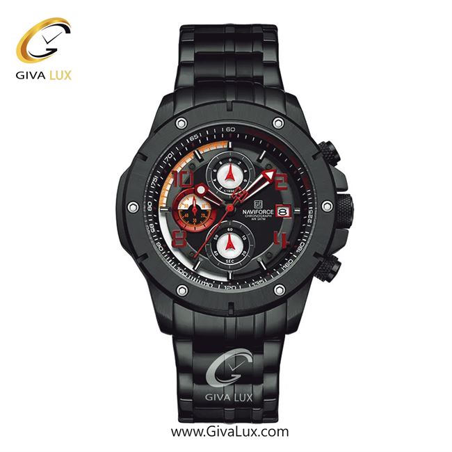 ساعت مچی اورجینال ناوی فورس مردانه سه موتوره کرنوگراف مشکی | مشکی | مشکی | کد رفرنس NF8056-B/R/B