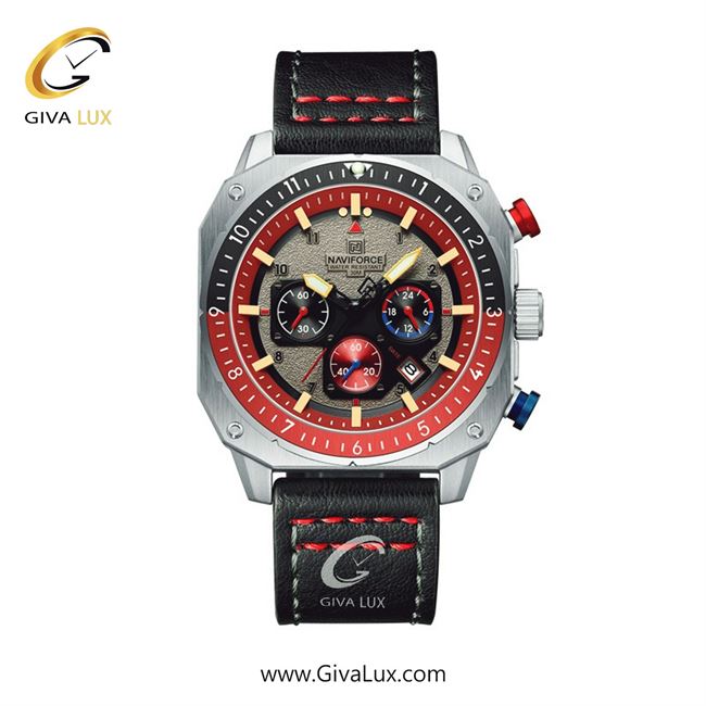 ساعت مچی اورجینال مردانه ناوی فورس|Naviforce|نوی فورس|نیوی فورس سه موتوره کرنوگراف نقره ای | مشکی| قرمز-خاکی| کد رفرنس NF8057 S/R/B