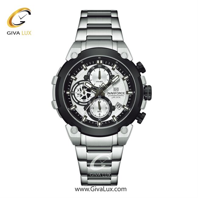 ساعت مچی اورجینال مردانه ناوی فورس|Naviforce|نوی فورس|نیوی فورس سه موتوره کرنوگراف نقره ای-مشکی | نقره ای| نقره ای| کد رفرنس NF8071 S/W/S
