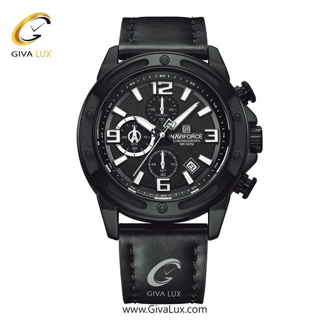 ساعت مچی اورجینال مردانه ناوی فورس|Naviforce|نوی فورس|نیوی فورس سه موتوره کرنوگراف مشکی | مشکی| مشکی| کد رفرنس NF8074 B/W/B
