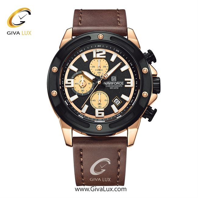 ساعت مچی اورجینال مردانه ناوی فورس|Naviforce|نوی فورس|نیوی فورس سه موتوره کرنوگراف رزگلد-مشکی | قهوه ای| رزگلد-مشکی| کد رفرنس NF8074 RG/RG/BN