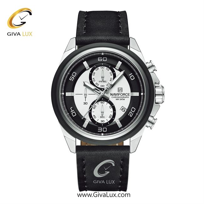 ساعت مچی اورجینال مردانه ناوی فورس|Naviforce|نوی فورس|نیوی فورس سه موتوره کرنوگراف نقره ای | مشکی| نقره ای-مشکی| کد رفرنس NF8075 S/W/B