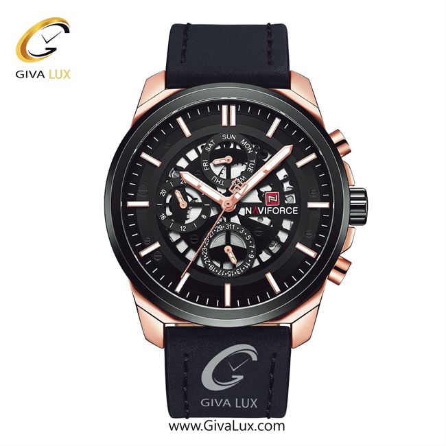 ساعت مچی اورجینال ناوی فورس مردانه سه موتوره فول تایم رزگلد | مشکی | مشکی | کد رفرنس NF9129-RG/B/B