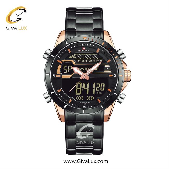 ساعت مچی اورجینال بند فلزی دوزمانه ناوی فورس (نیوی فورس) کد NF9133-RGRG