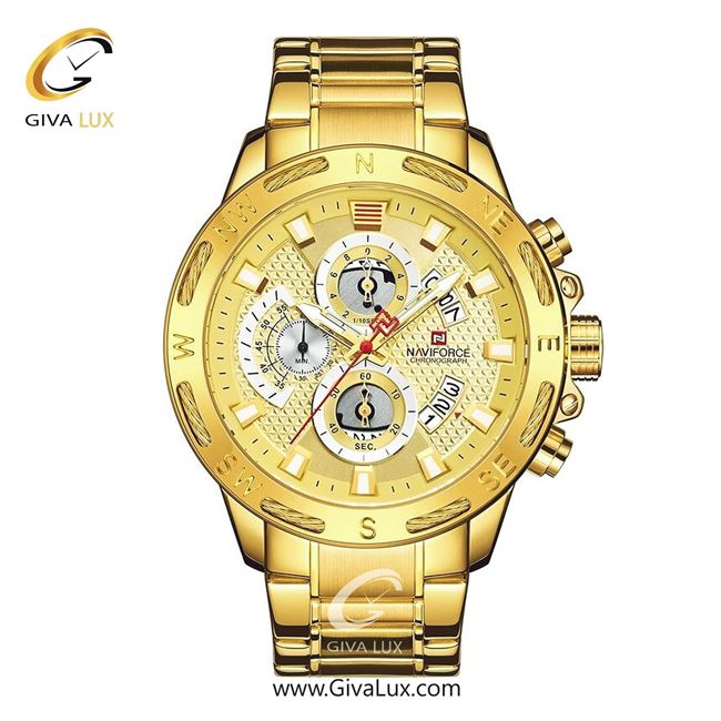 ساعت مچی اورجینال مردانه ناوی فورس|Naviforce|نوی فورس|نیوی فورس سه موتوره کرنوگراف طلایی | طلایی| طلایی| کد رفرنس NF9165 G/G