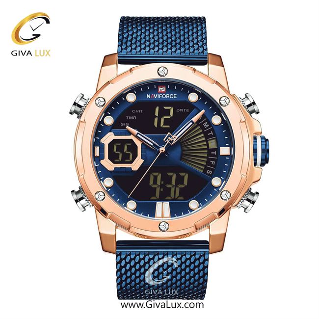 ساعت مچی اورجینال مردانه ناوی فورس|Naviforce|نوی فورس|نیوی فورس دو زمانه رزگلد | آبی| آبی| کد رفرنس NF9172
