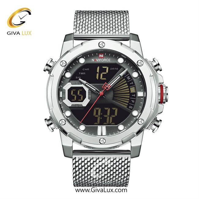 ساعت مچی اورجینال مردانه ناوی فورس|Naviforce|نوی فورس|نیوی فورس دو زمانه نقره ای | نقره ای| مشکی| کد رفرنس NF9172