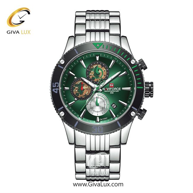 ساعت مچی اورجینال مردانه ناوی فورس|Naviforce|نوی فورس|نیوی فورس سه موتوره کرنوگراف مشکی-نقره ای | نقره ای| سبز| کد رفرنس NF9173 S/GN